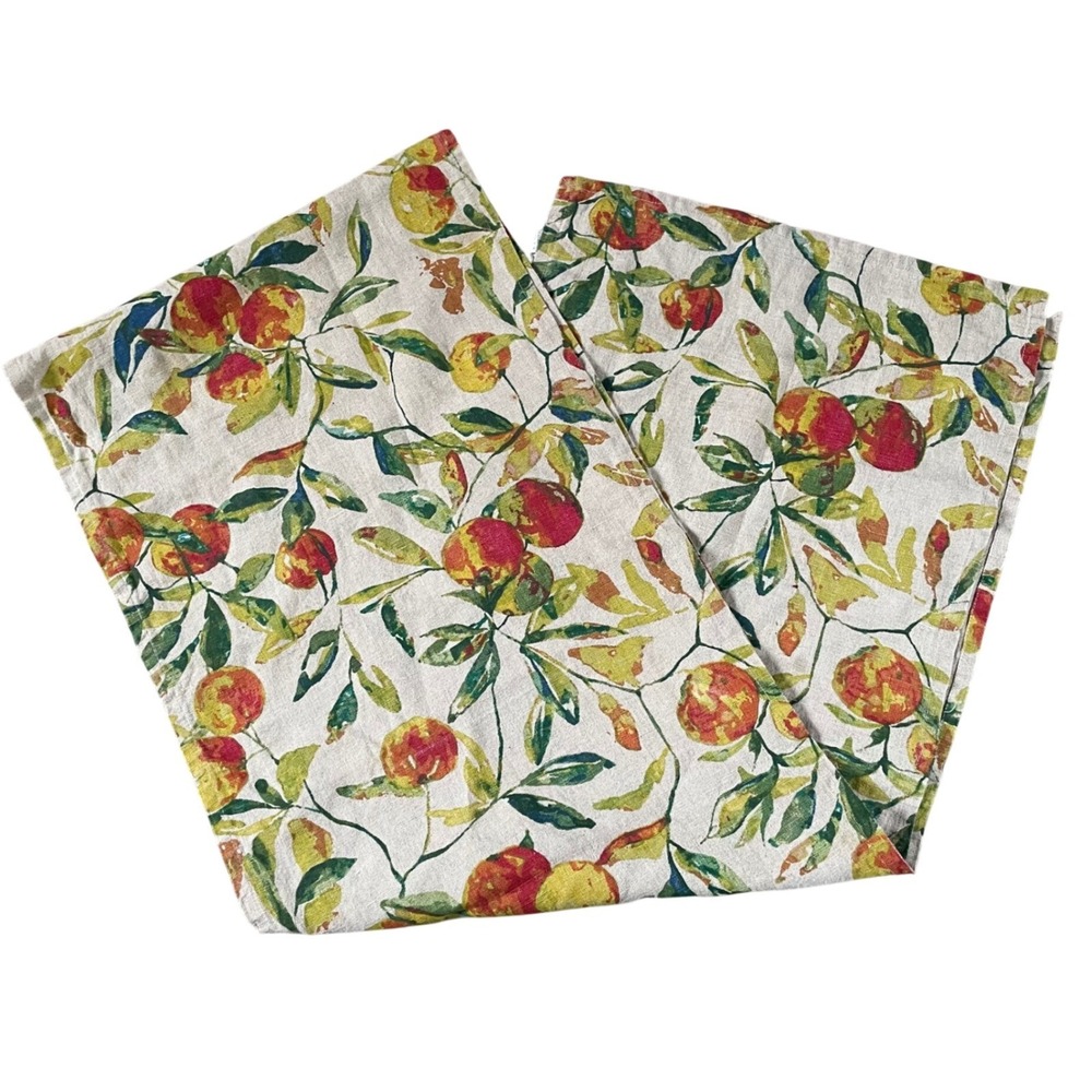 World Market Table Runner 100% Linen Green Orange Fruit Peaches Vibrant 16 x‎ 90